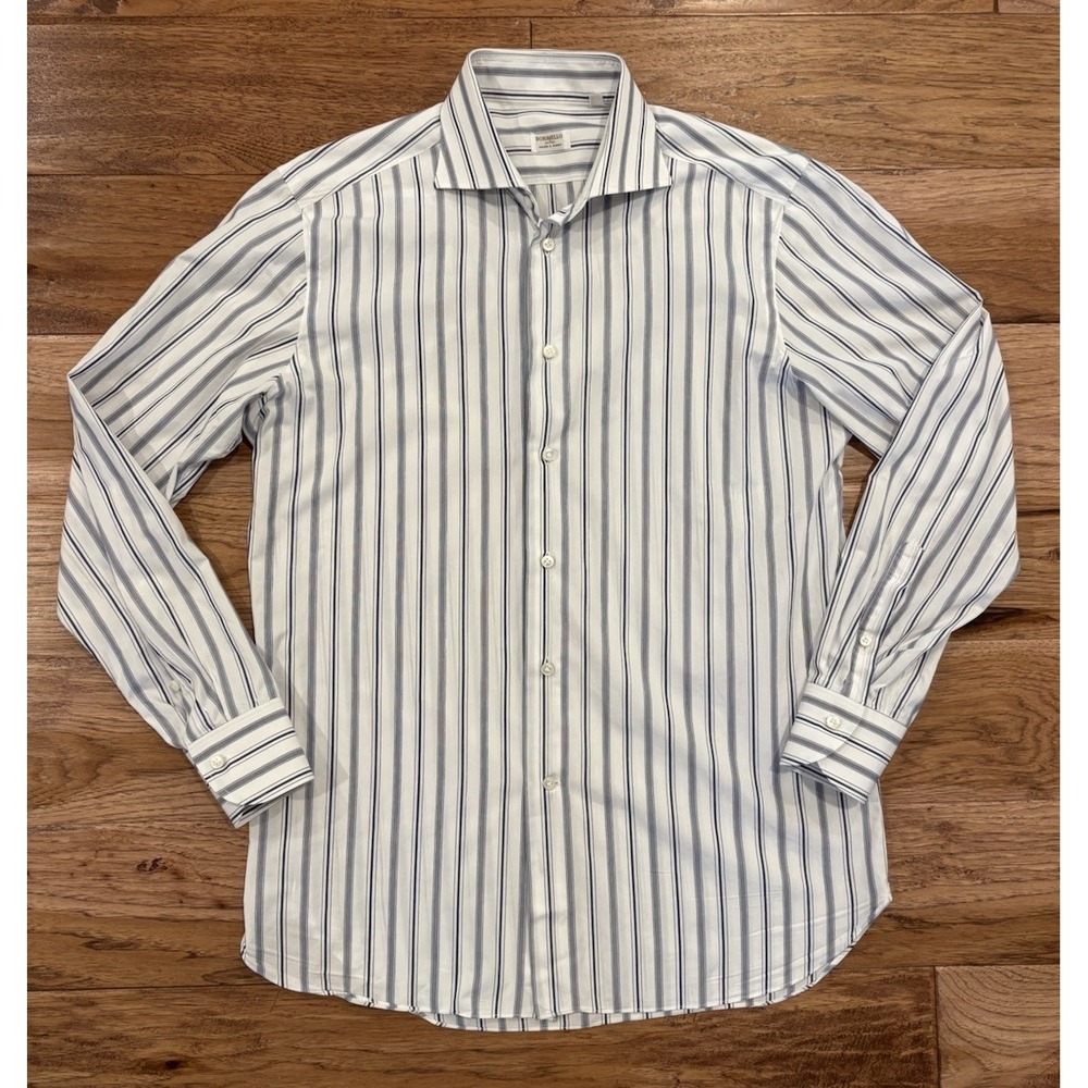BORRELLI NAPOLI Size 15.5-39 Shirt CUCITA A MANO White Blue Stripe Button Up